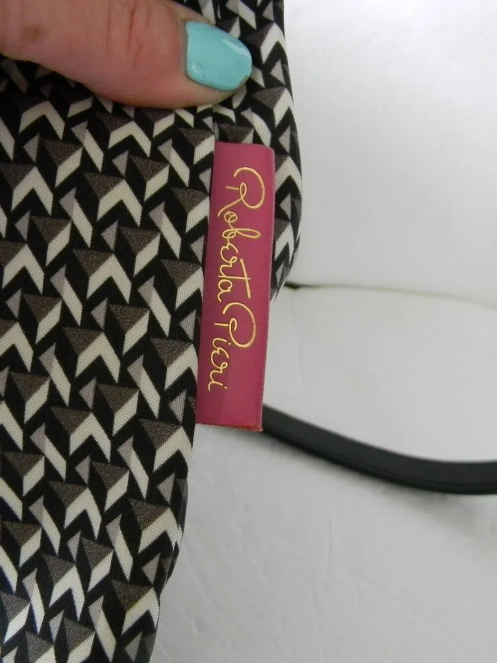 ROBERTA PIERI  NYLON/LEATHER BLACK/WHITE GEOMETRIC SATCHEL/CROSSBODY BAG ITALY